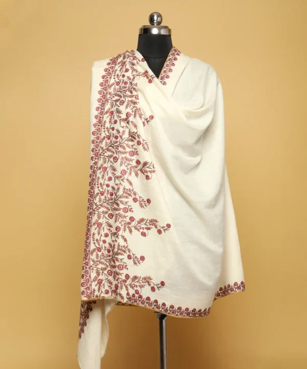 White pearl Embroidered Pure Pashmina Shawl